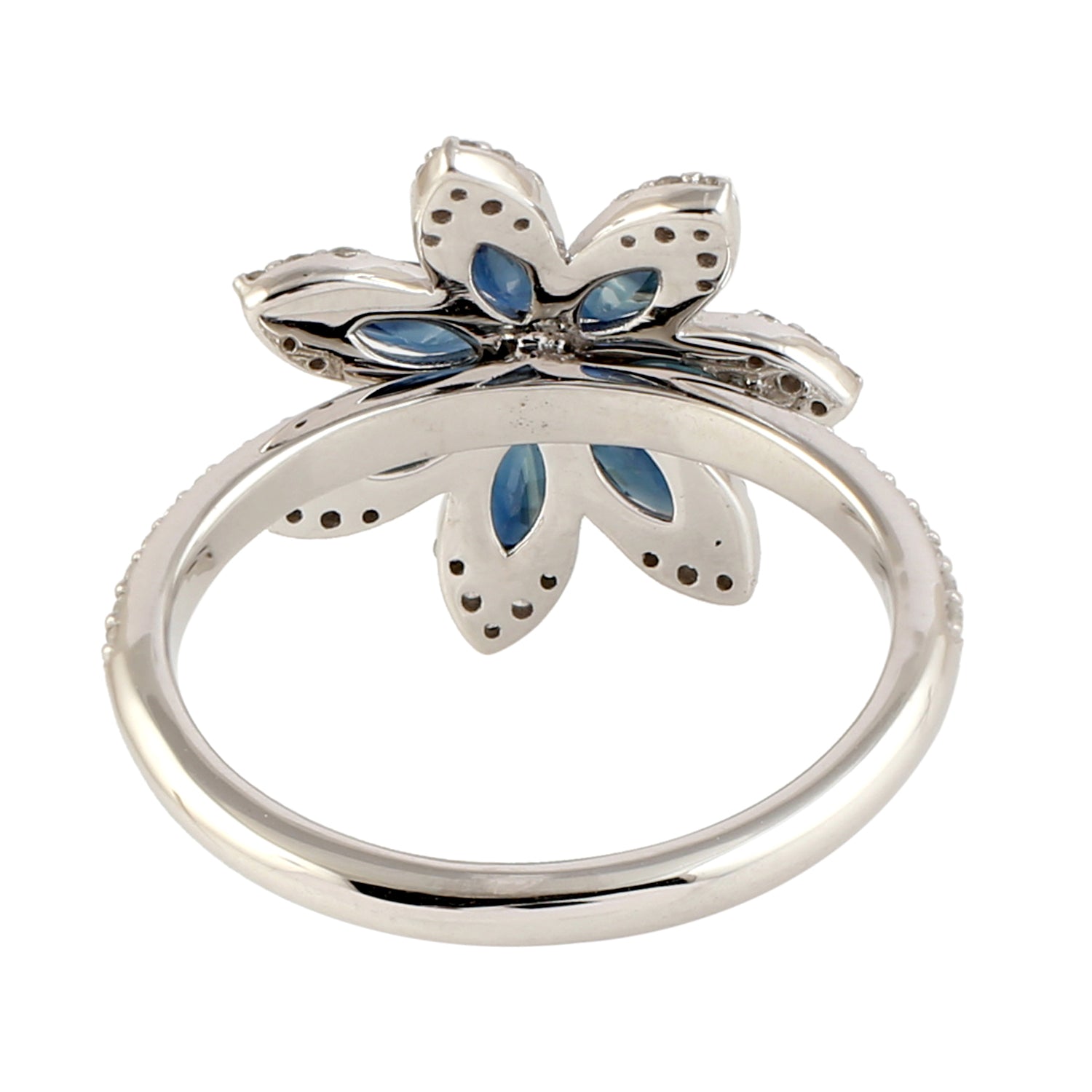 18k White Gold In Marquise Cut Blue Sapphire Pave Diamond Magnolia Flower Ring -  - Aureus Boutique