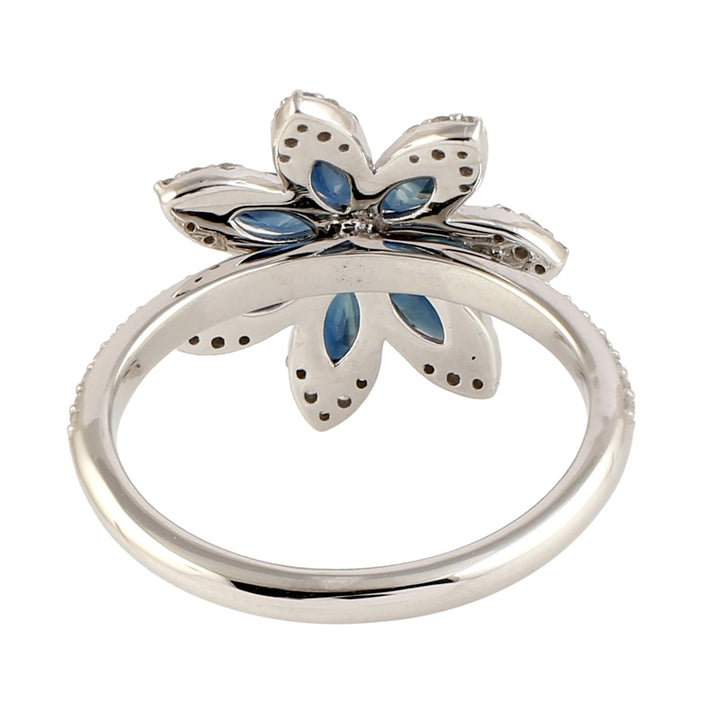 18k White Gold In Marquise Cut Blue Sapphire Pave Diamond Magnolia Flower Ring -  - Aureus Boutique
