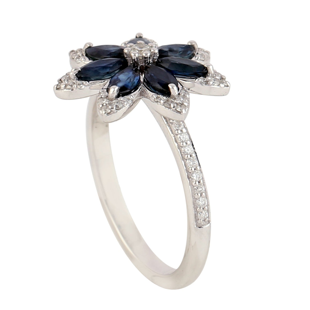 18k White Gold In Marquise Cut Blue Sapphire Pave Diamond Magnolia Flower Ring -  - Aureus Boutique