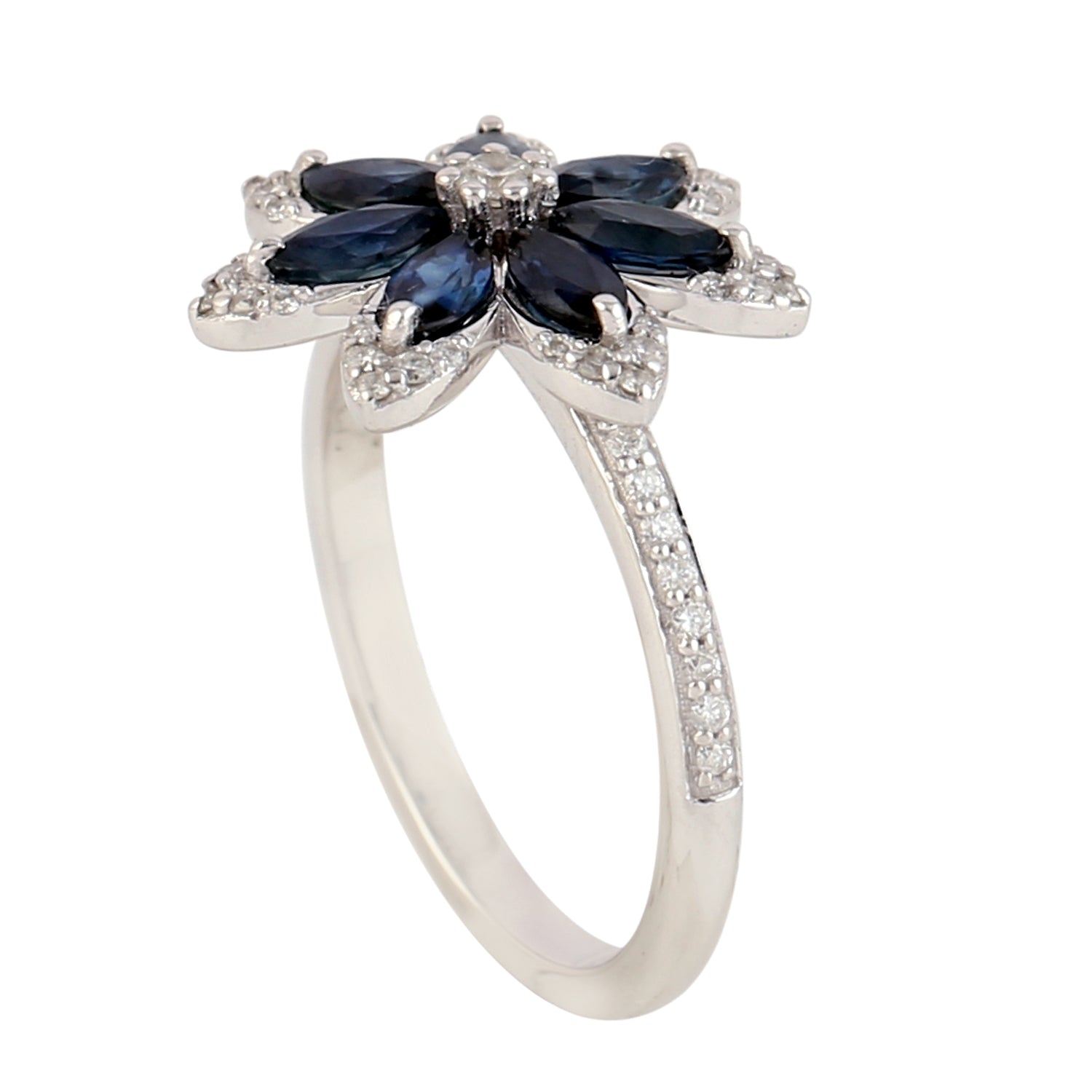 18k White Gold In Marquise Cut Blue Sapphire Pave Diamond Magnolia Flower Ring -  - Aureus Boutique