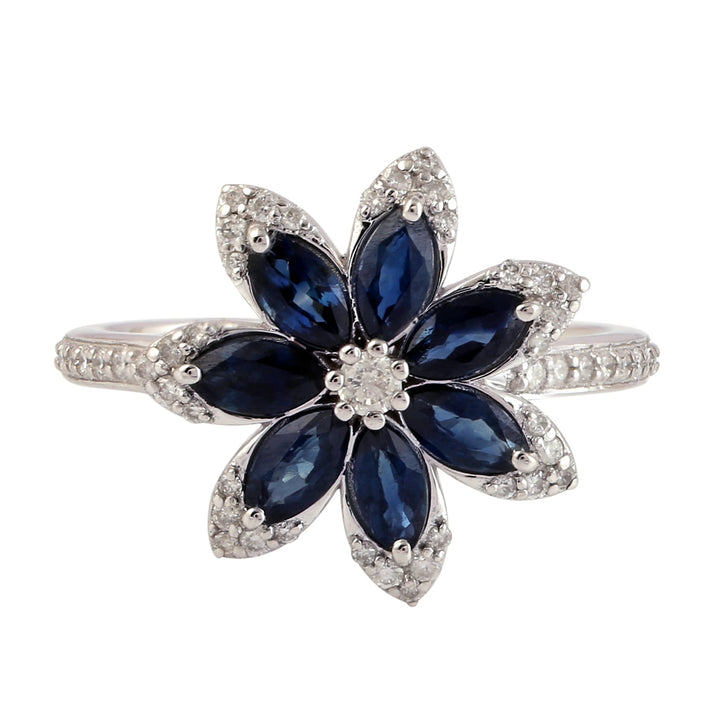 18k White Gold In Marquise Cut Blue Sapphire Pave Diamond Magnolia Flower Ring -  - Aureus Boutique