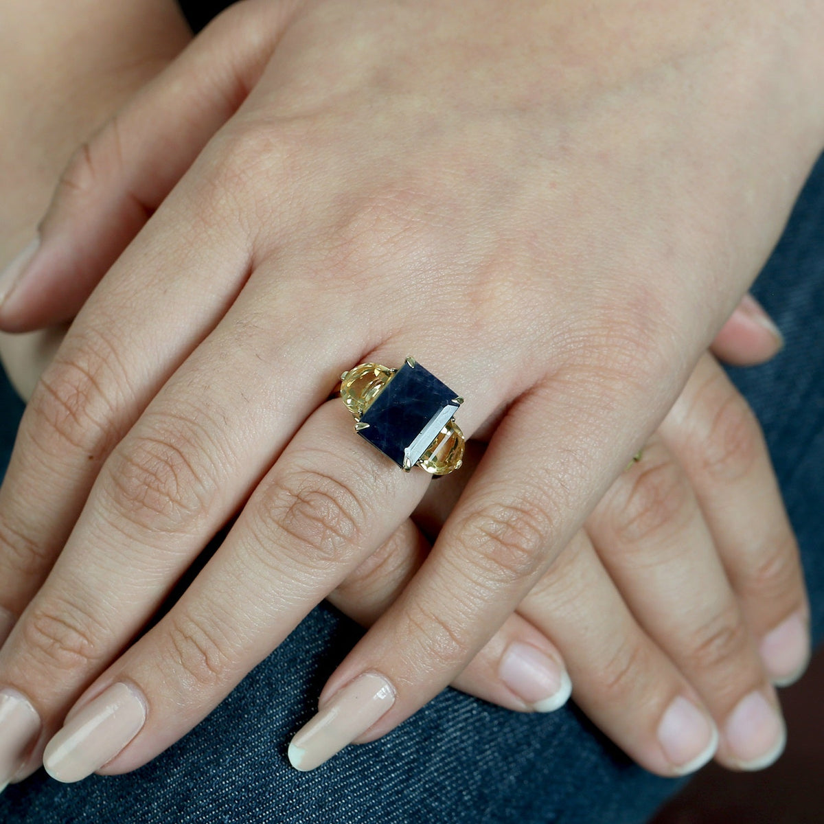18k Yellow Gold Gemstone Sapphire Citrine Cocktail Three Stone Ring -  - Aureus Boutique