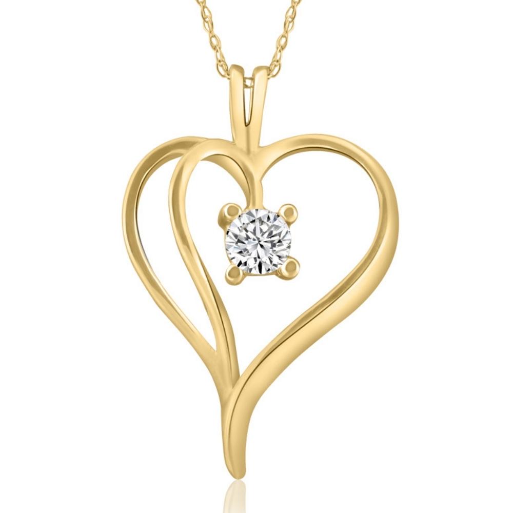 1/3Ct Solitaire Round Diamond Heart Pendant & Chain 10K Yellow Gold 1' Tall