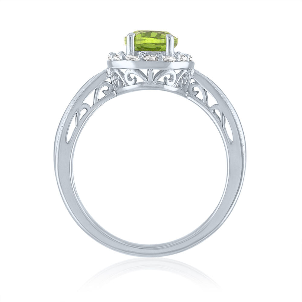 Oval Peridot Ring with Lab Created White Sapphire in Sterling Silver