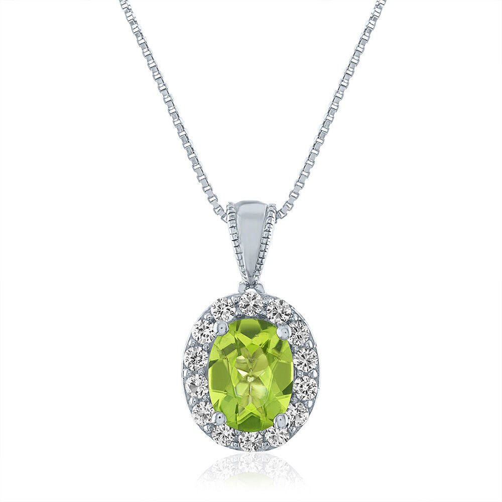 Oval Peridot & Lab Created White Sapphire Pendant in Sterling Silver