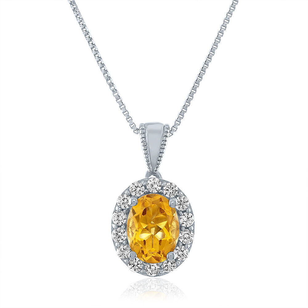 Oval Citrine & Lab Created White Sapphire Pendant in Sterling Silver