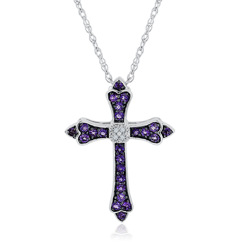 Lab Created White Sapphire & Amethyst Cross Pendant in Sterling Silver