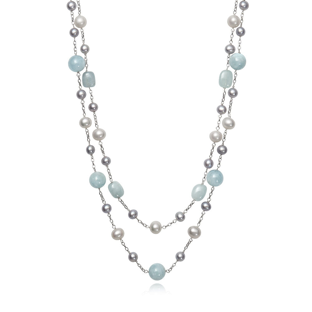 Freshwater Cultured Pearl & Aquamarine Tin Cup Necklace