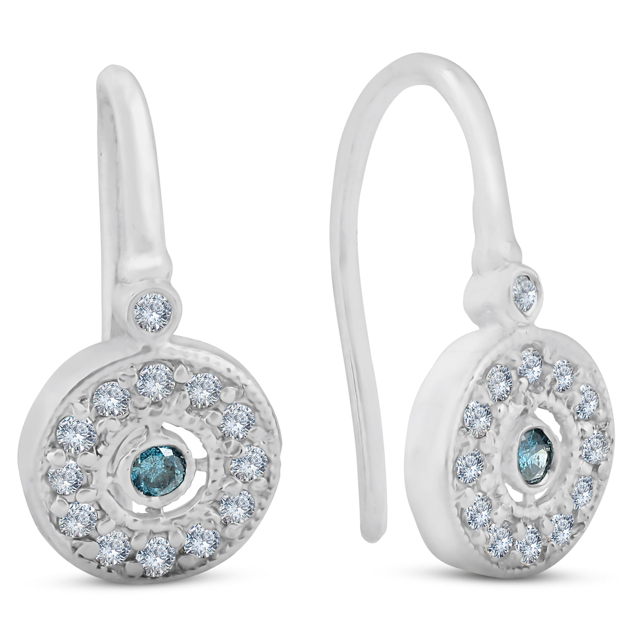 1/3ct Pave Diamond Blue & White Vintage Halo Earrings 10K White Gold 1/2' Tall