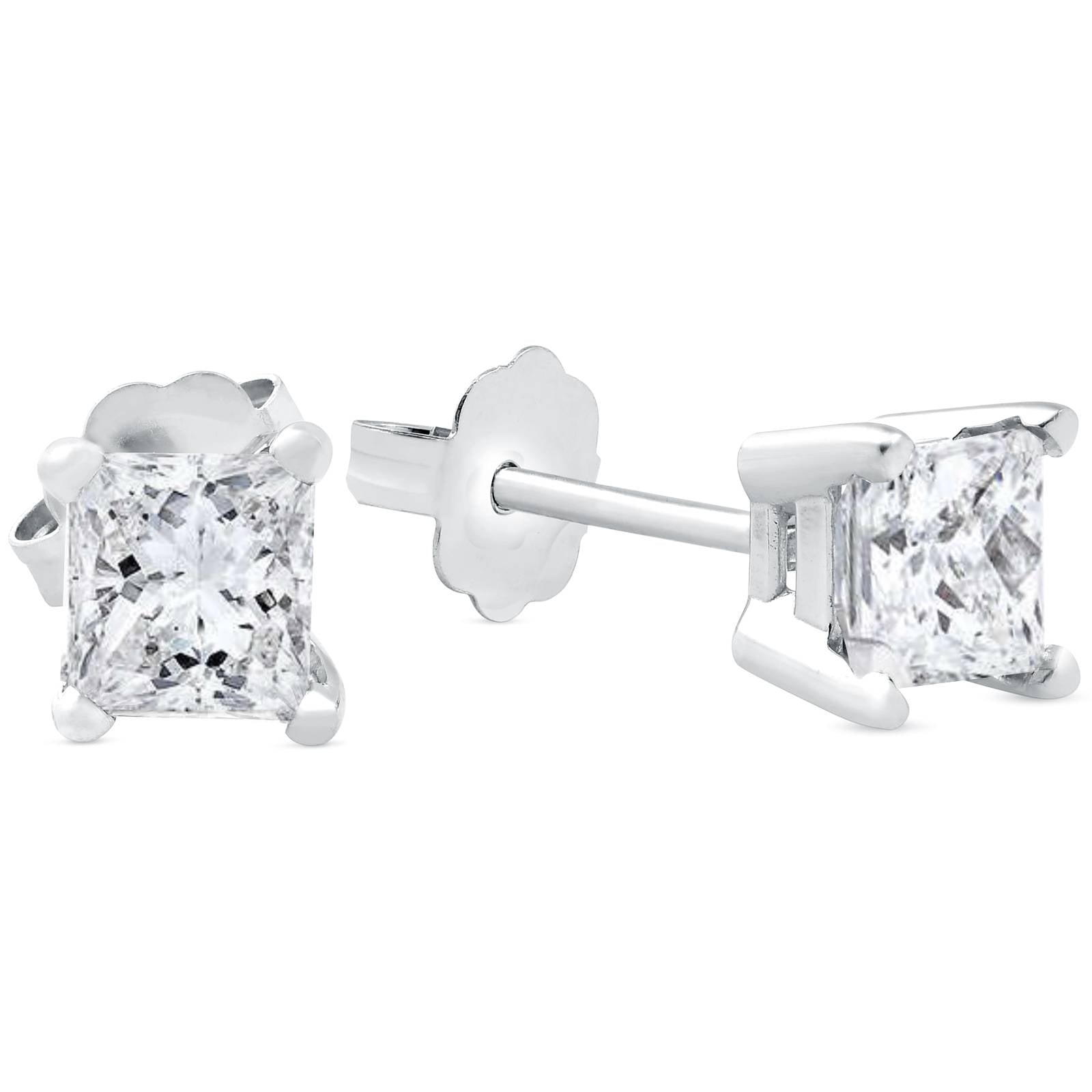 1ct Princess Cut Real Diamond Studs 14K White Gold