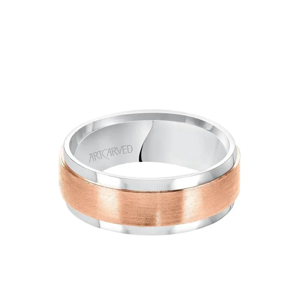 14k White & Rose Gold Wedding Band Flat Satin Brushed Raised Center Finish with Flat Edges- 8 mm