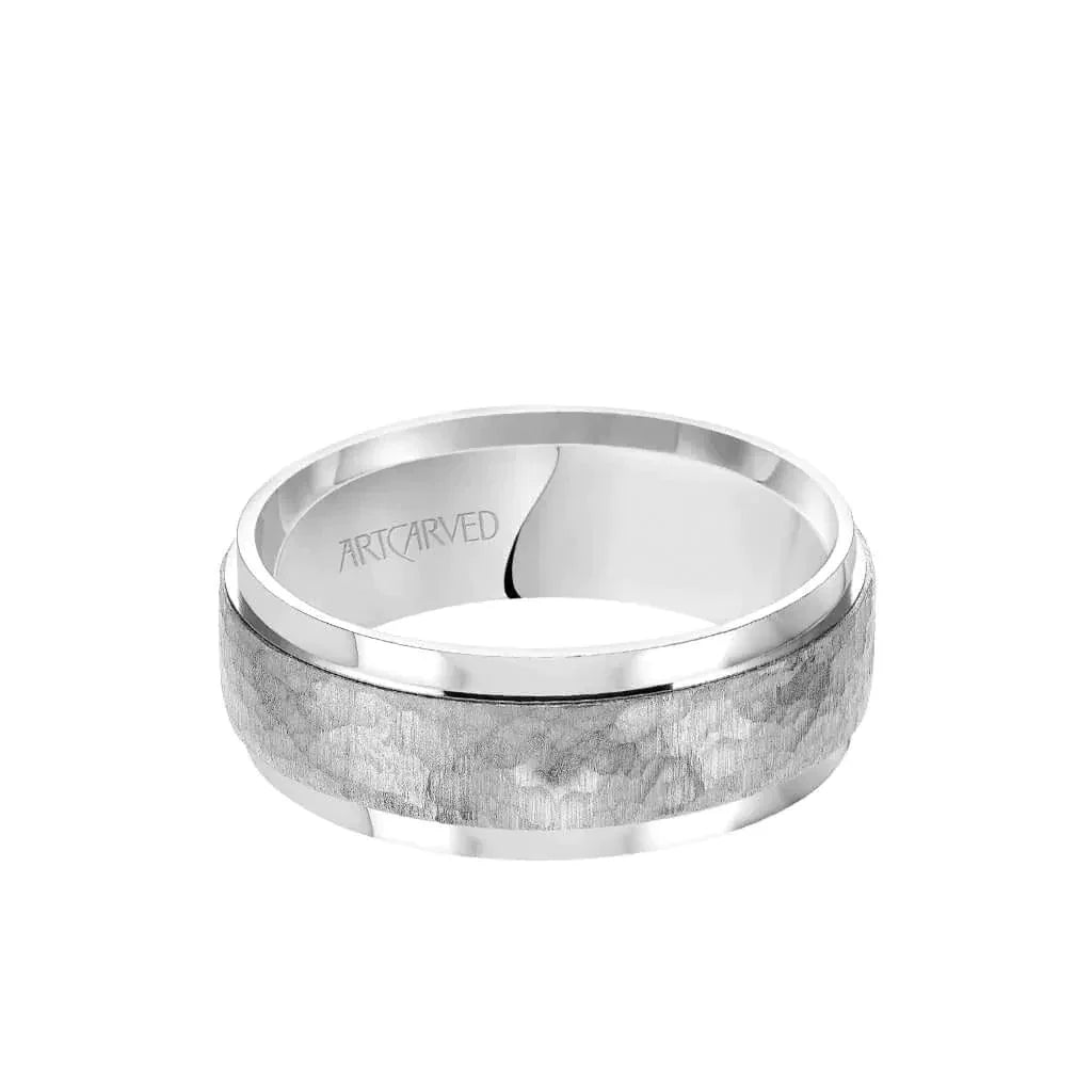14k White Gold Wedding Band Flat Hammered Brushed Raised Center Finish with Flat Edges- 8 mm