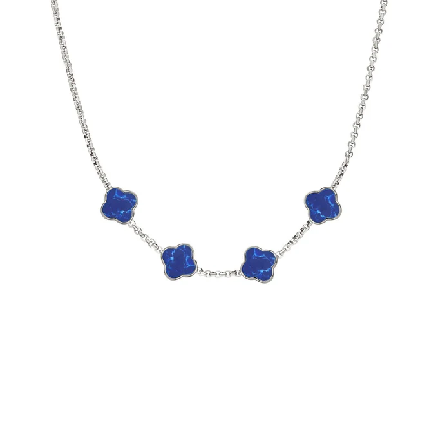 Blue Lace Agate Clover Custom Name Necklace (Silver)