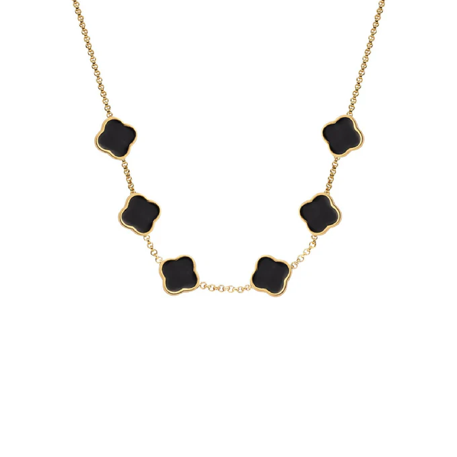 Black Enamel Clover Custom Name Necklace (Gold)