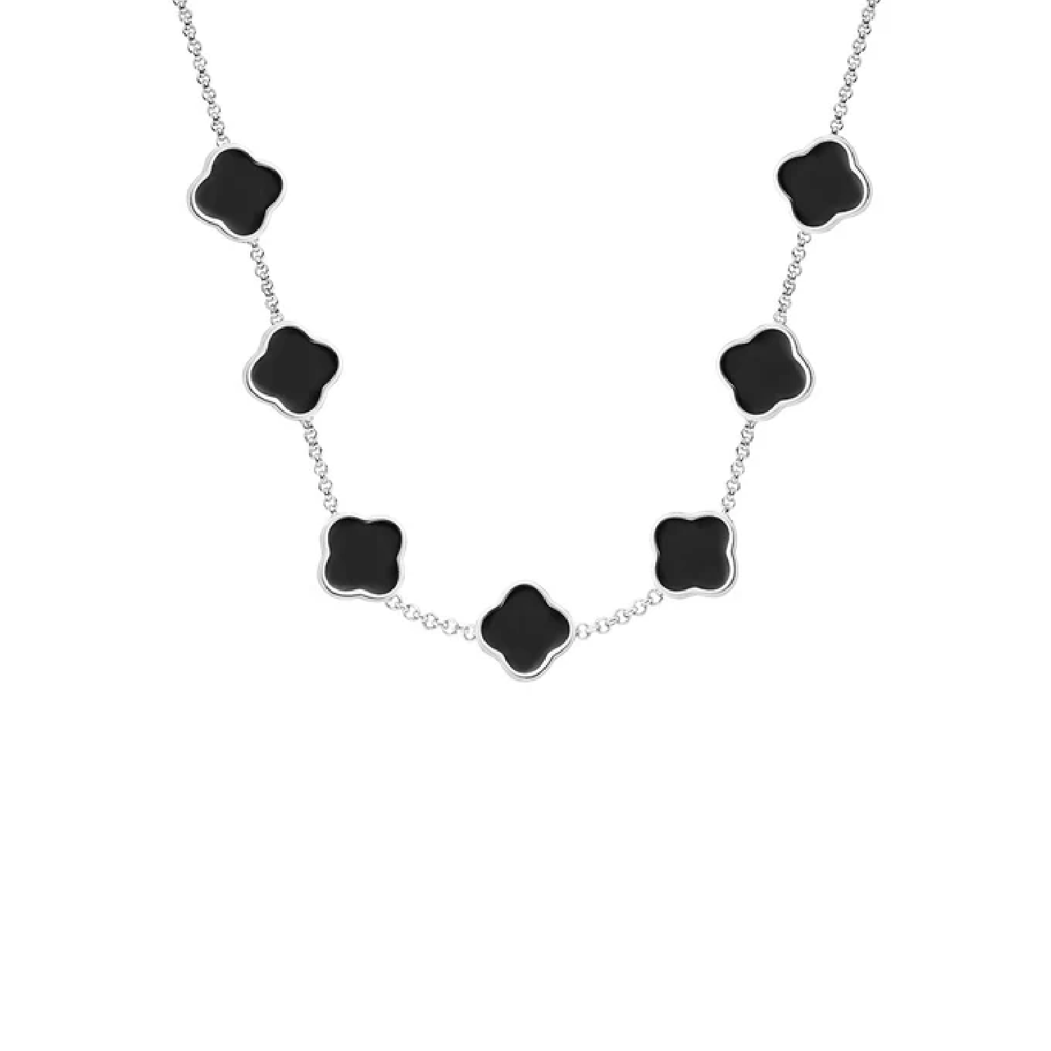 Black Enamel Clover Custom Name Necklace (Silver)