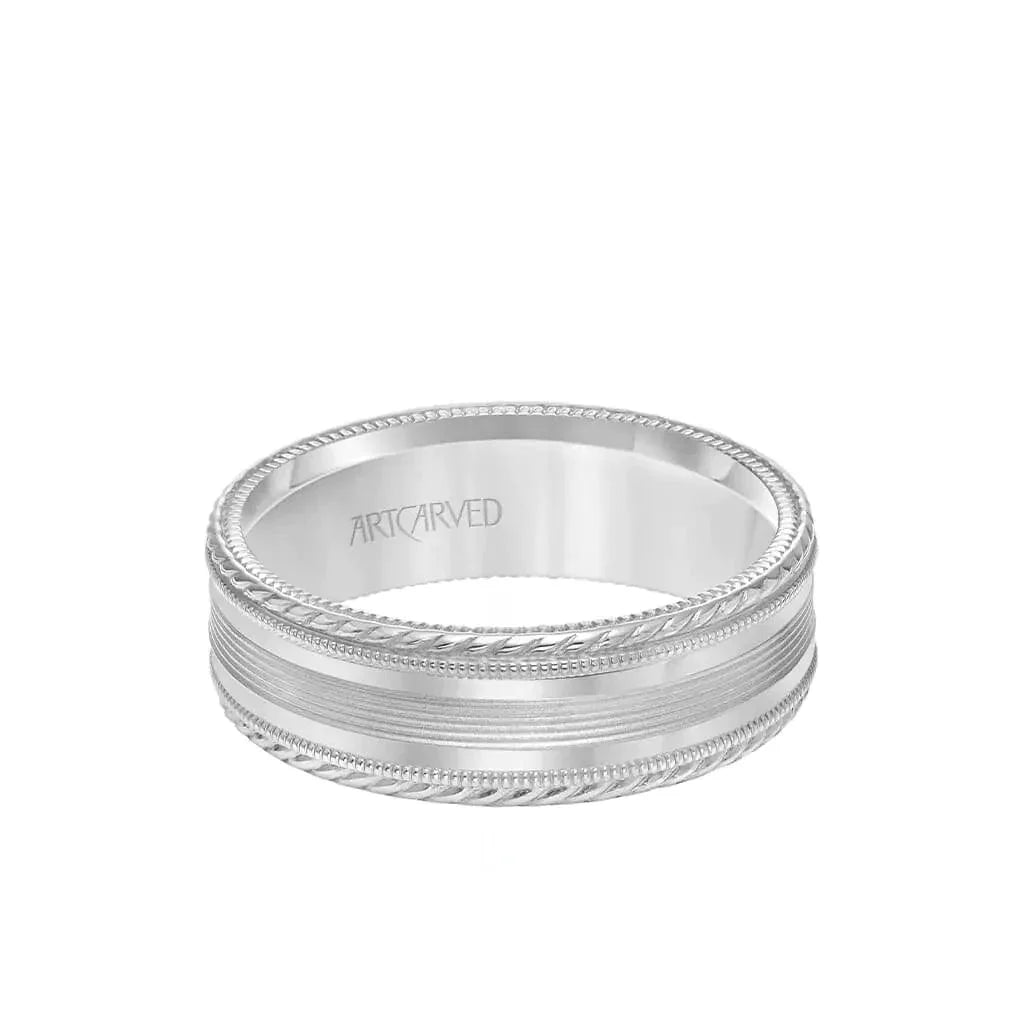 14k White Gold Wedding Band Flat Ridged Center Design Polished Finish with Rope Milgrain Edges- 7 mm