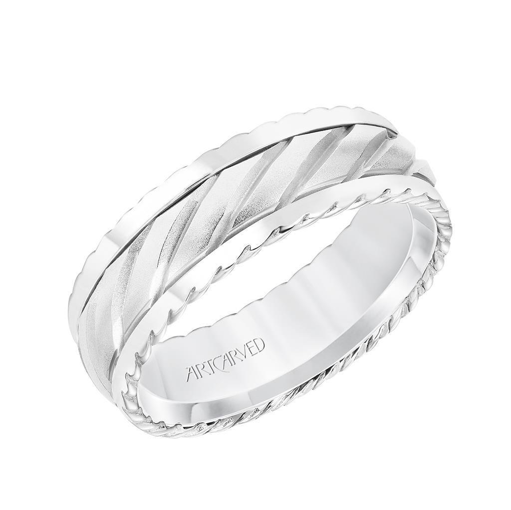 14k White Gold Wedding Band Domed Soft Sand Finish with Diagonal Line Pattern Textured Edges- 7 mm