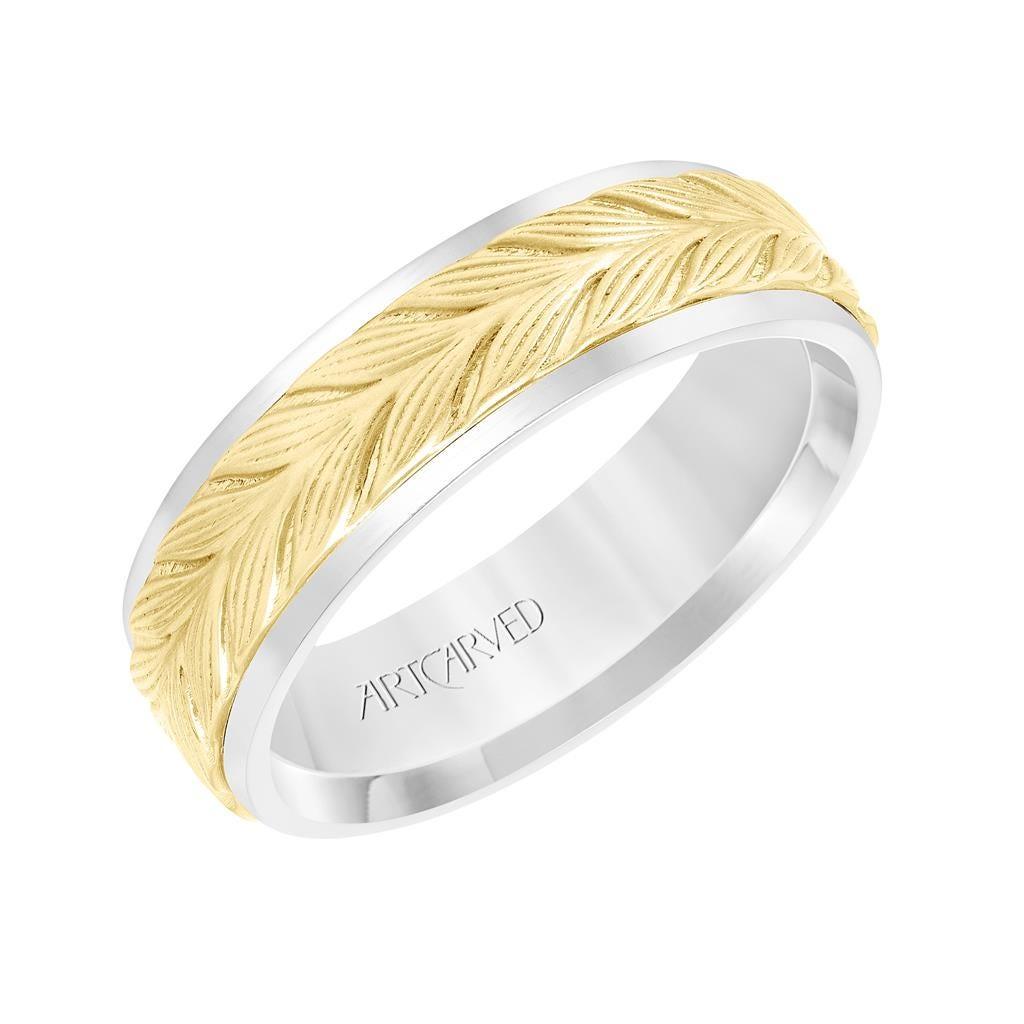 14k Two Toned White & Yellow Gold Wedding Band Raised Textured Leaf Design Polished Round Edges- 6.5 mm