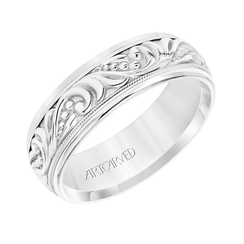 14k White Gold Wedding Band Domed Center High Polished Paisley Design and Milgrain Detail Round Edges- 7 mm