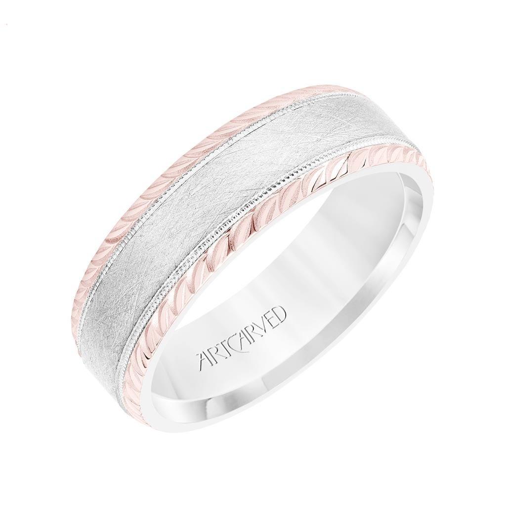 14k Two Toned White & Rose Gold Wedding Band Domed Crystalline Finish with Milgrain and Leaf Design Beveled Edges- 7 mm
