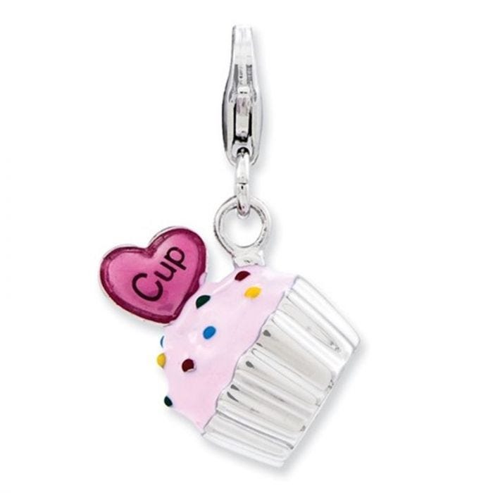 Sterling Silver Enameled 3-D Cupcake And Heart With Lobster Clasp Charm