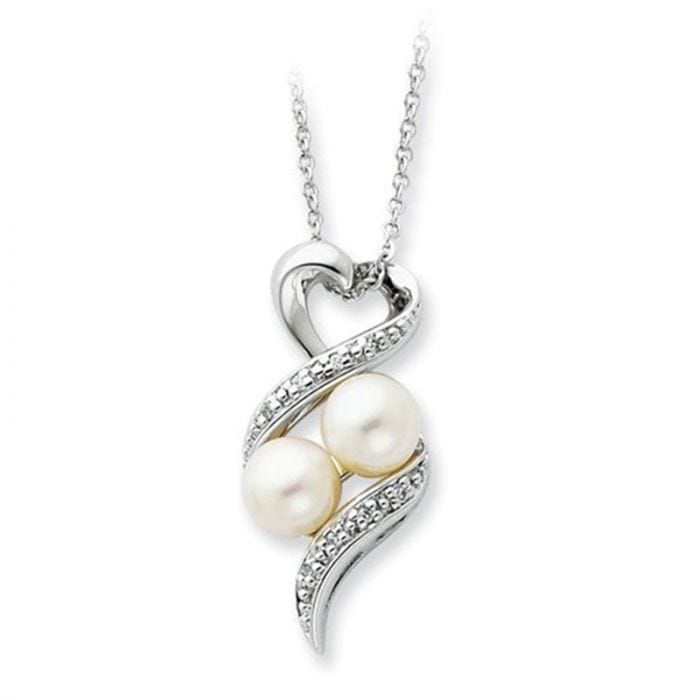 Sterling Silver 2 Peas In A Pod Freshwater Pearl & Cubic Zirconia Motherhood/Friendship Necklace