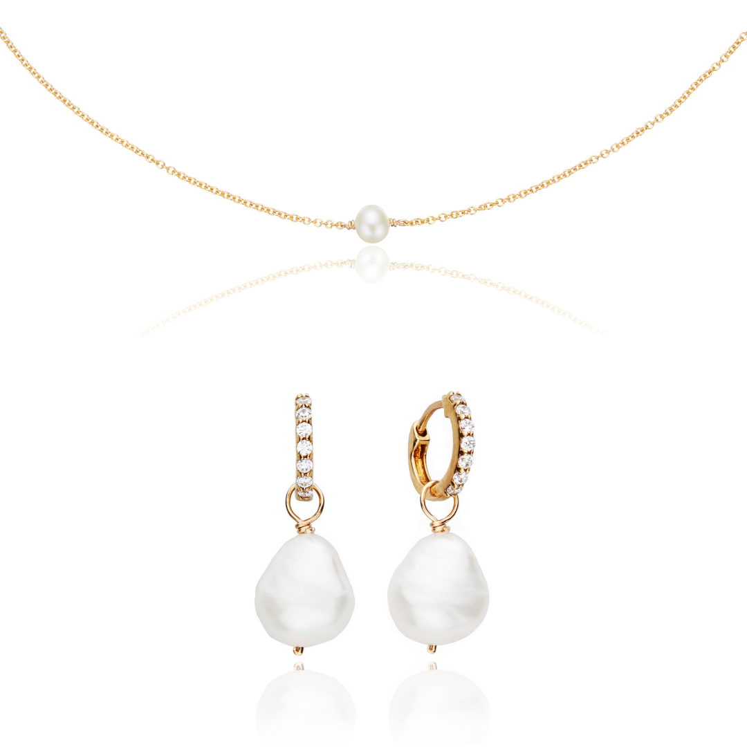 Gold Pearl Drop Huggies and Single Pearl Choker Gift Set