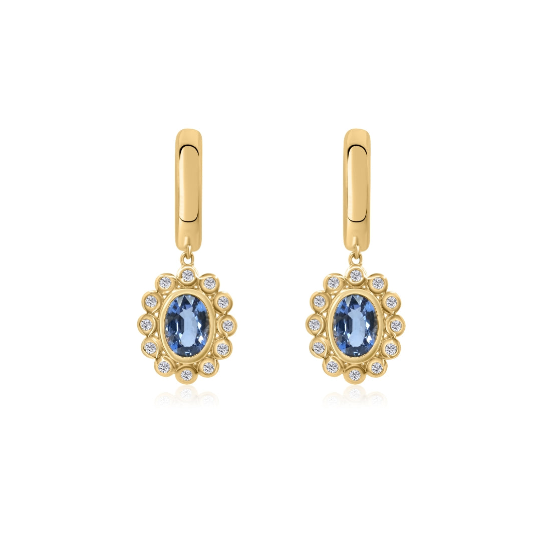 Gold Diamond Blue Sapphire Flower Hoop Earring