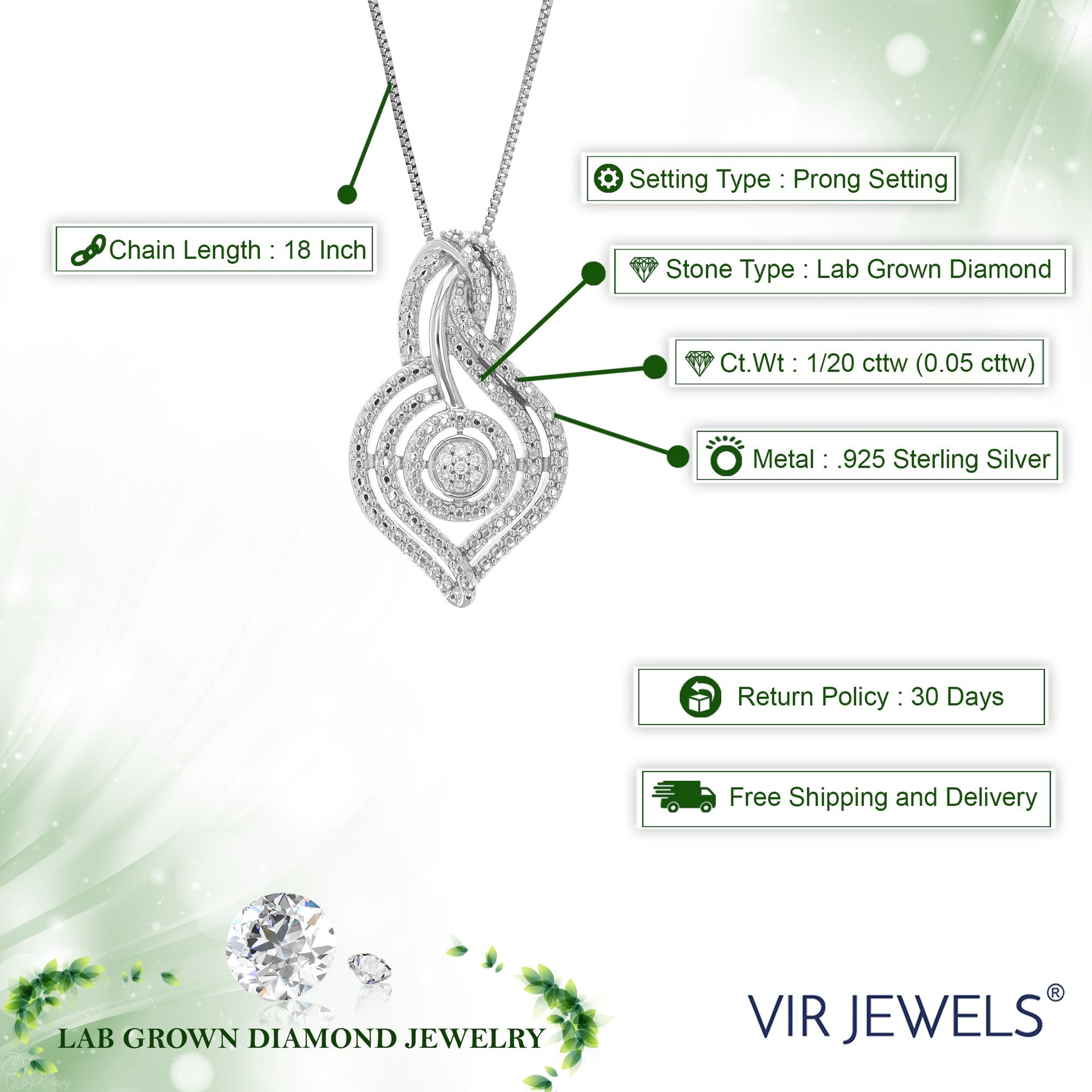 1/20 cttw Round Cut 7 Stones Cluster Lab Grown Diamond Pendant Necklace .925 Sterling Silver 2/3 Inch With 18 Inch Chain