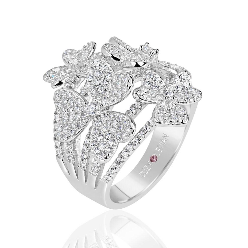 Suzy Levian Sterling Silver Cubic Zirconia Multi Flower Ring