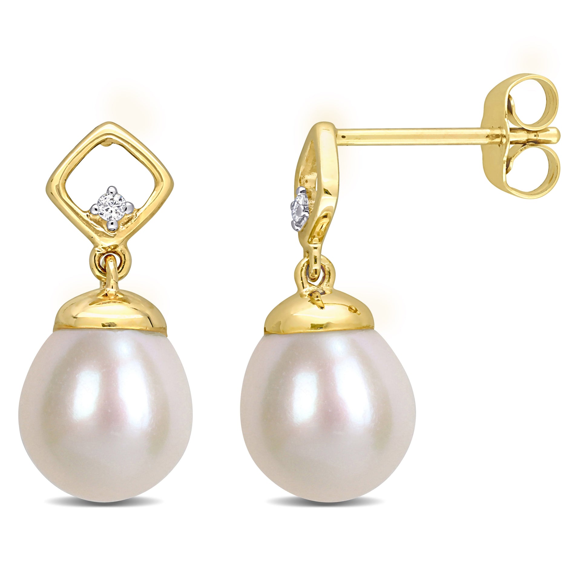 8-8.5mm Cultured Freshwater Pearl and Diamond Accent Earrings in 14k Yellow Gold
