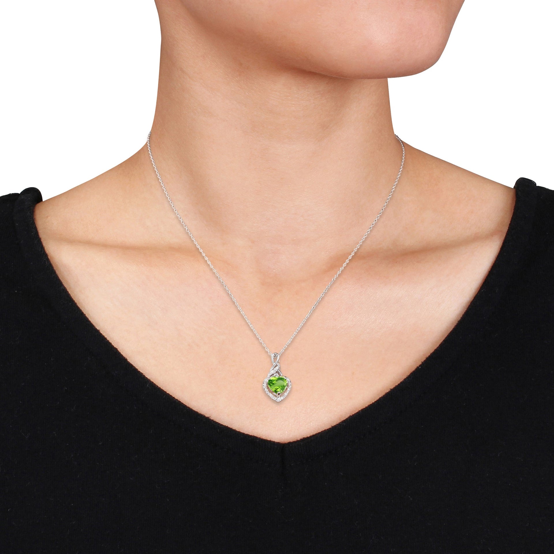 Diamond and Peridot Heart Twist Necklace in Sterling Silver