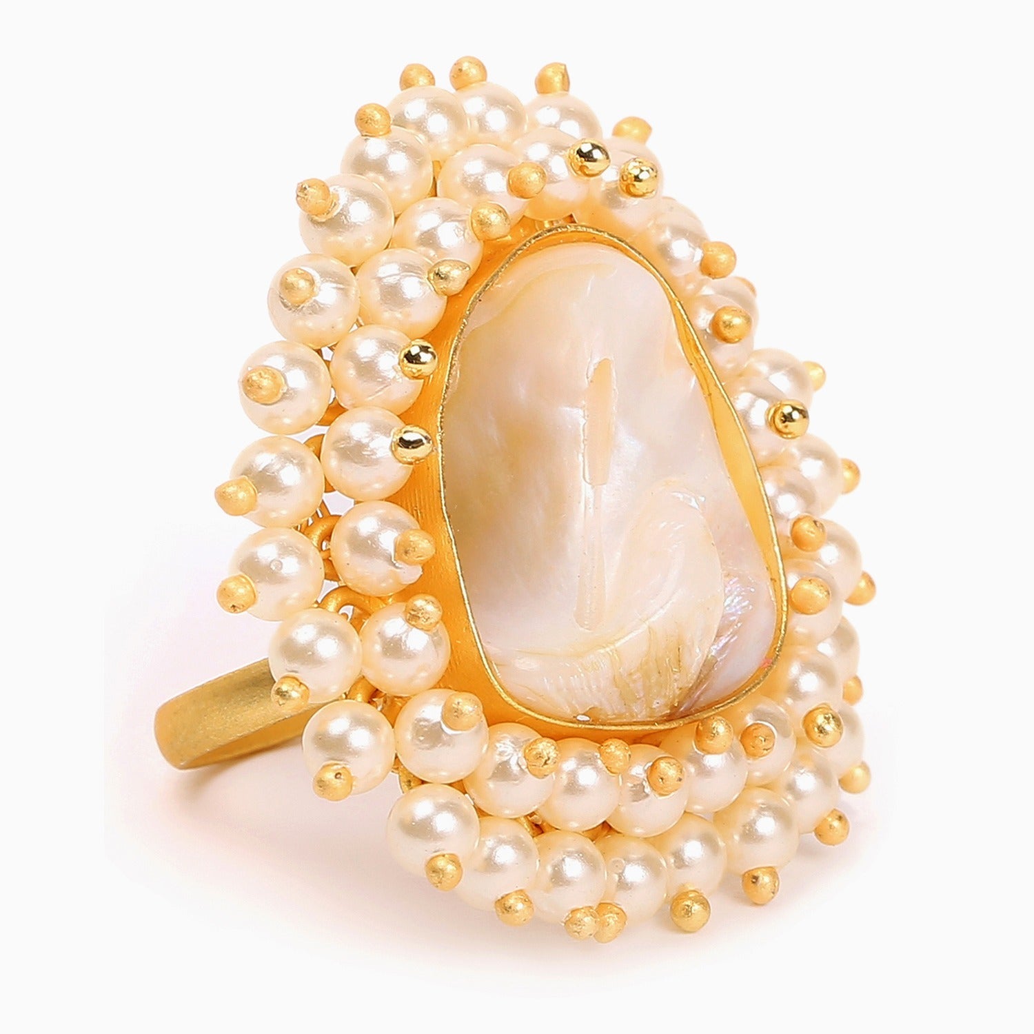 Gold-toned White Pearl Beaded Jadau Finger Ring