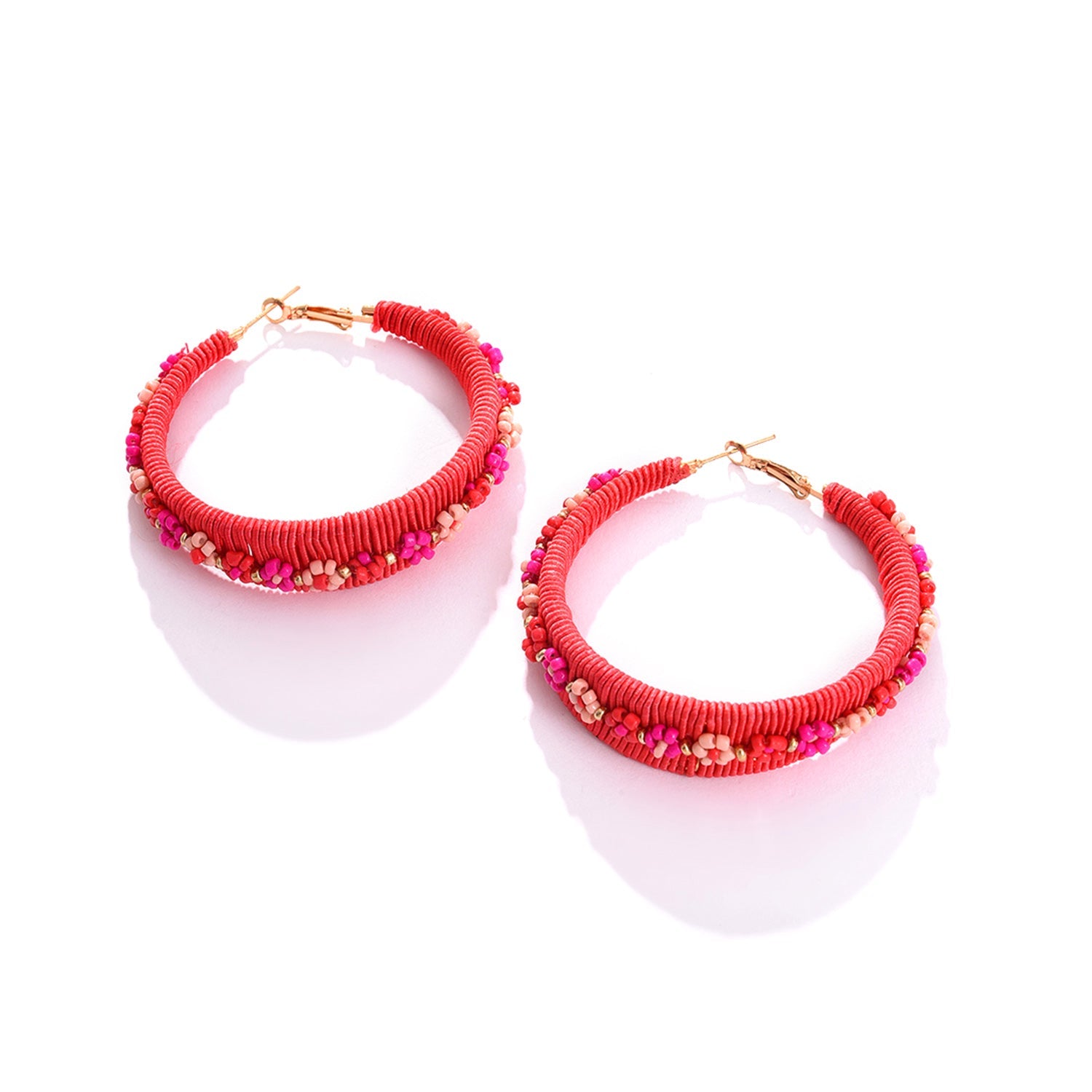Red Color Gold Plated Beaded Hoop Earring For Women's