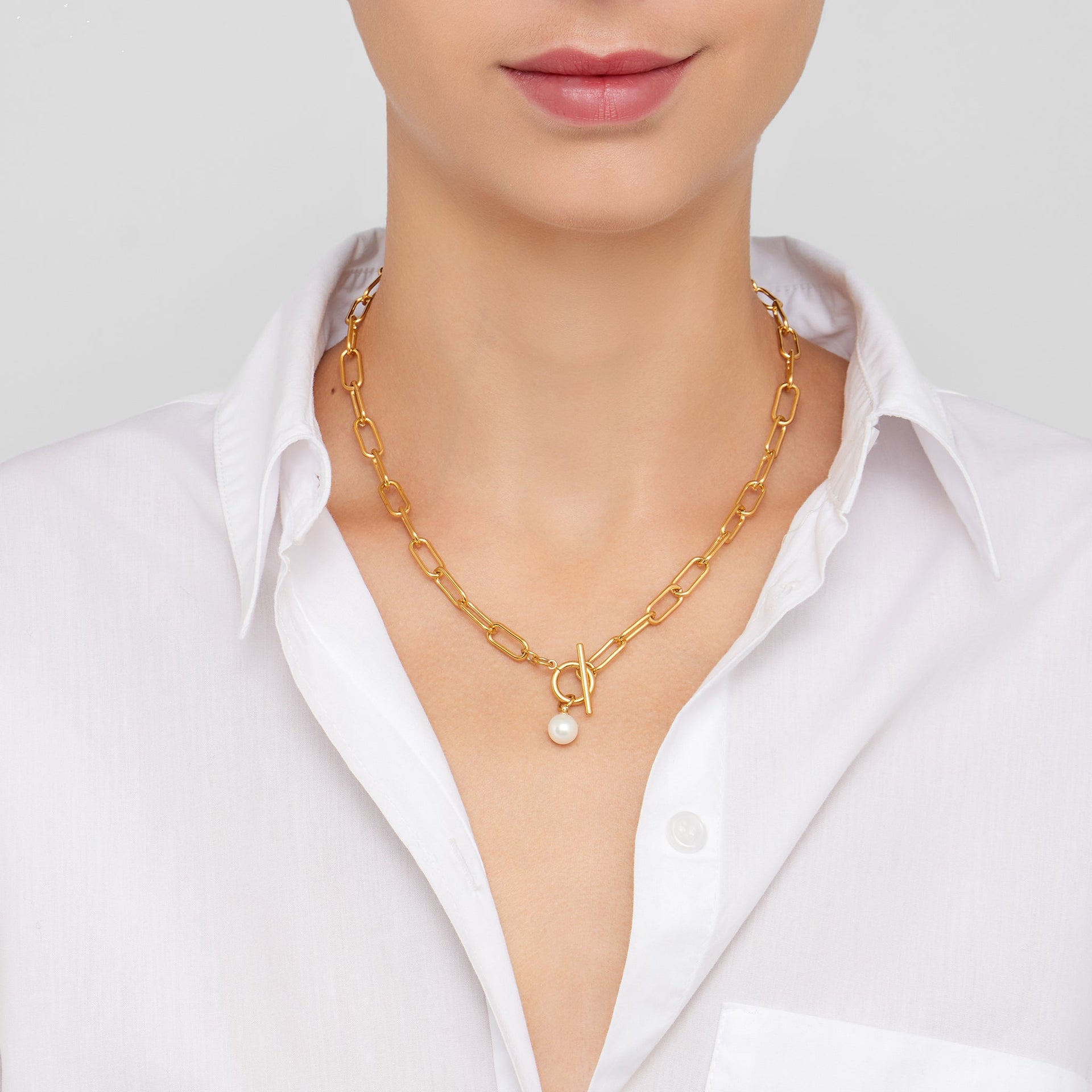 Adornia Paper Clip Toggle Necklace with Pearl gold