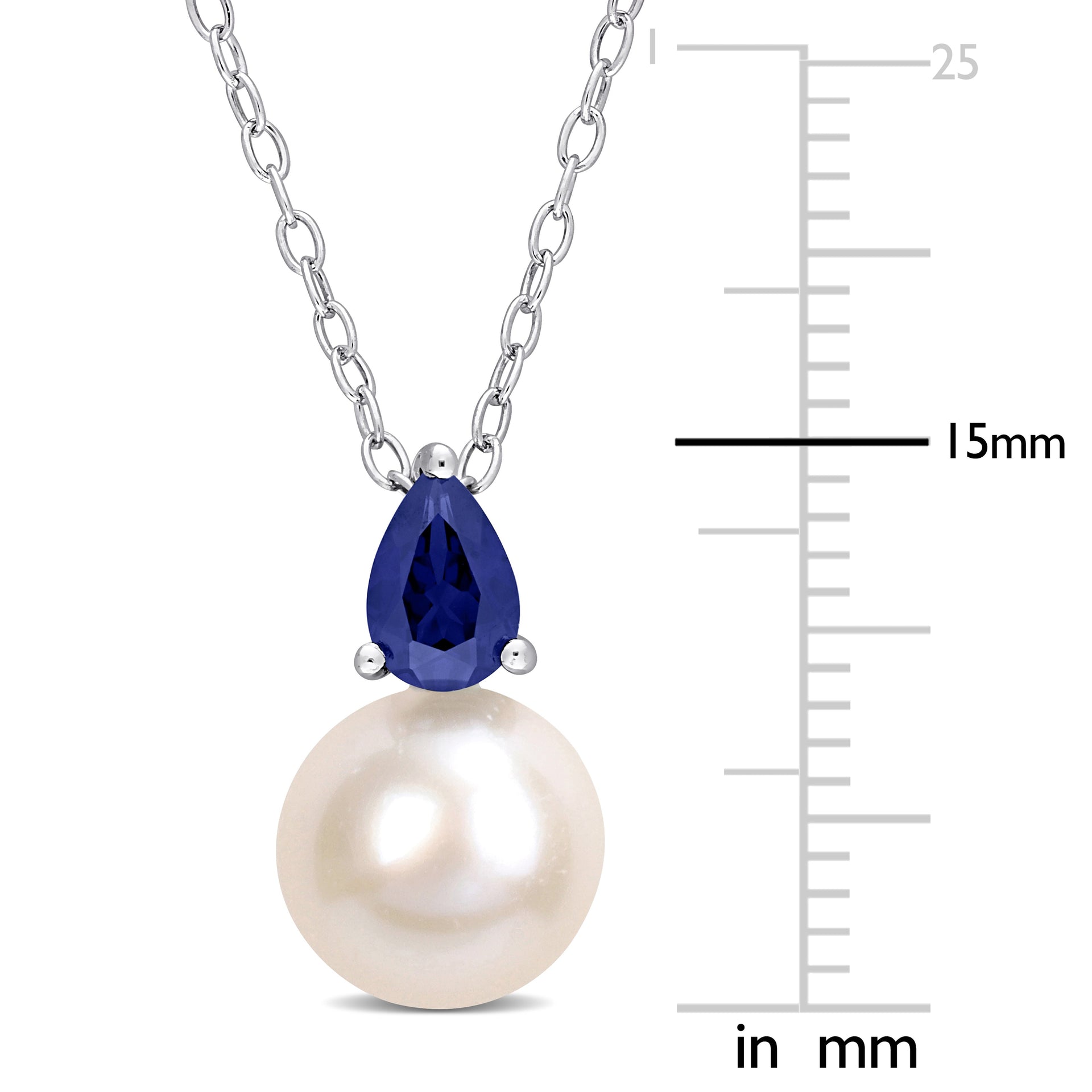 8.5-9 MM White Freshwater Cultured Pearl and 5/8 CT TGW Created Blue Sapphire Solitaire Pendant with Chain in Sterling Silver