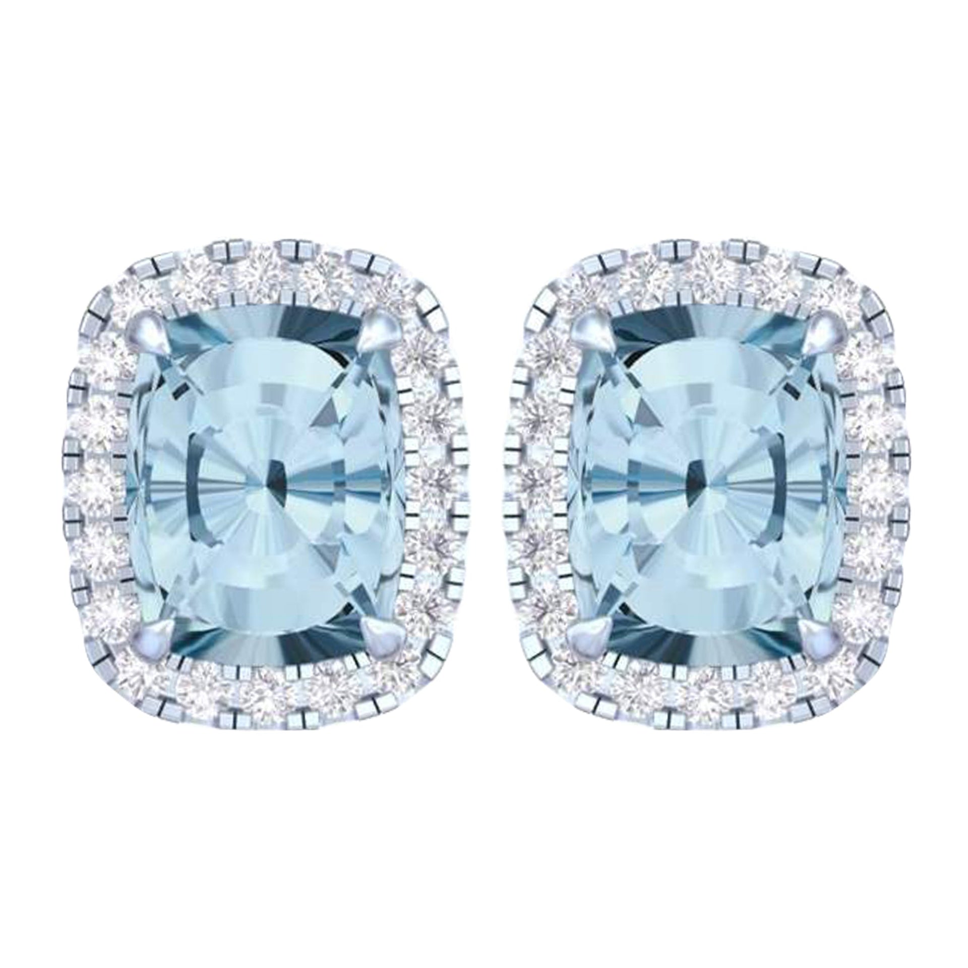 14k White Gold Vivid Blue Cushion Cut 5.60 CT Lab-grown Diamond Halo Stud Earrings