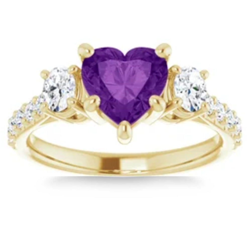 7mm Amethyst Three-Stone Diamond Heart Shape Ring in 14k White or Yellow Gold