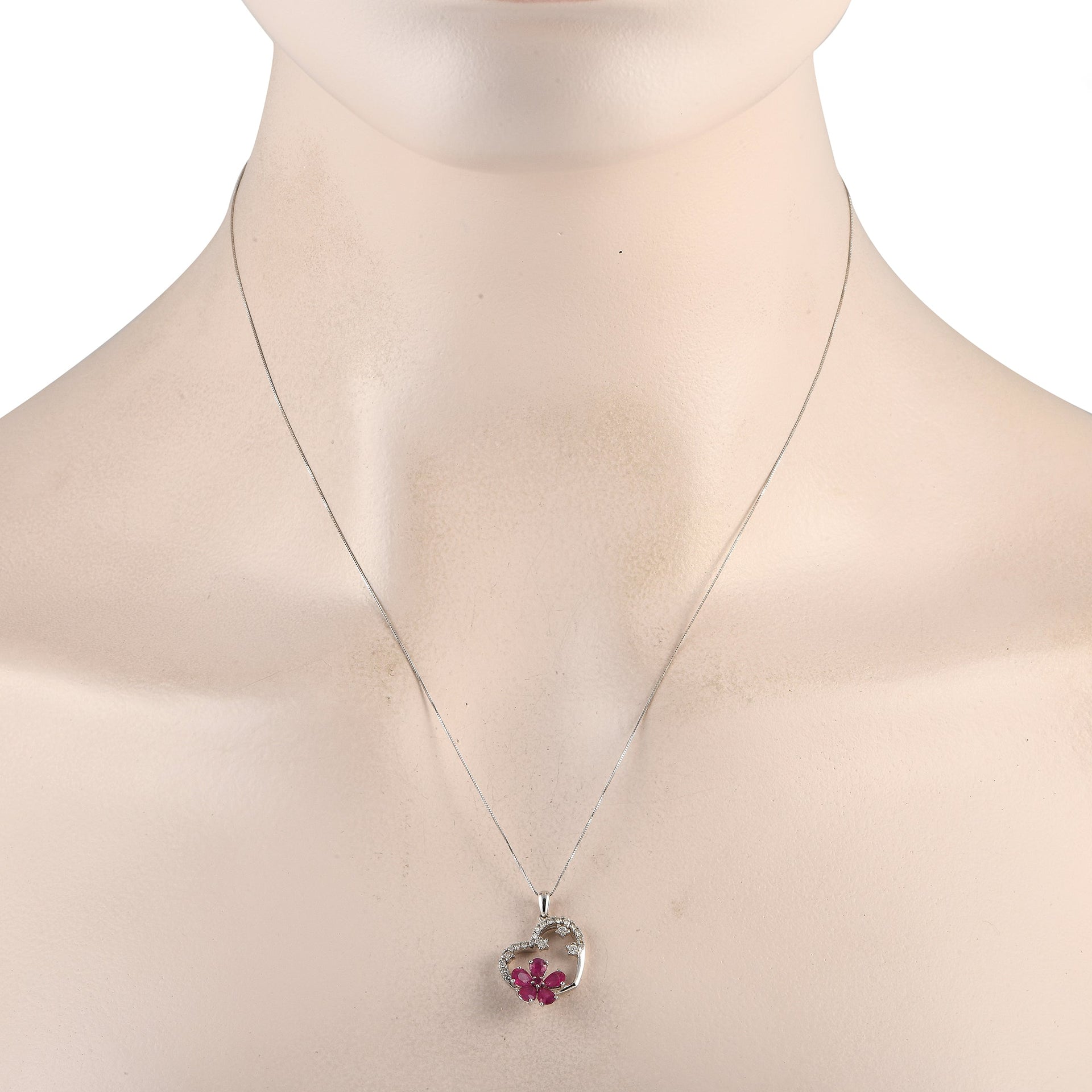 LB Exclusive 14K White Gold 0.20ct Diamond and Ruby Heart and Flower Pendant Necklace PH4-10098WRU