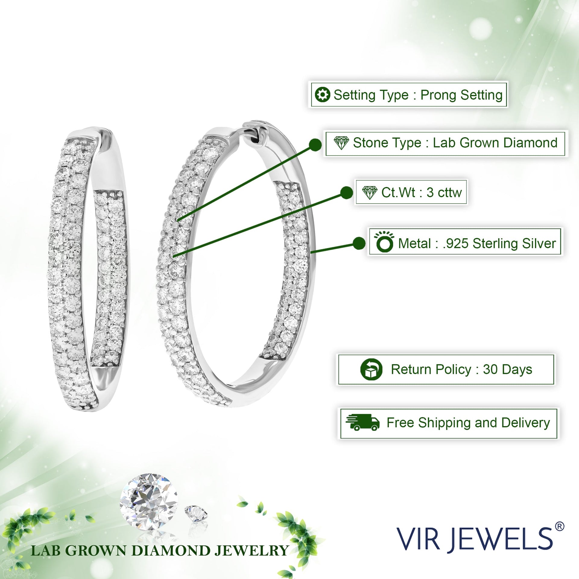 3 cttw Round Lab Grown Diamond Hoop Earrings .925 Sterling Silver Prong Set 1 1/4 Inch