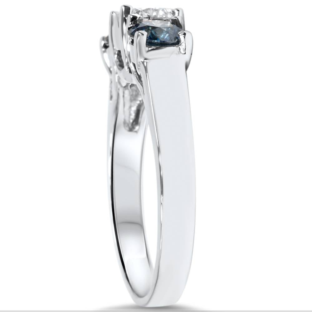 1 3/4ct Blue & White Diamond Three Stone Engagement 14K White Gold Ring
