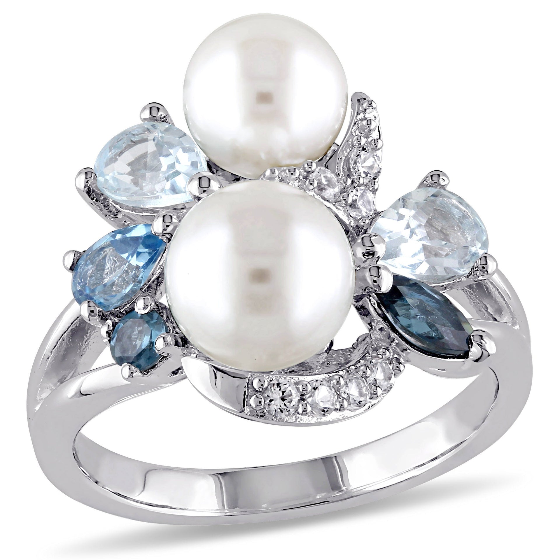 London Swiss Sky Blue Topaz Created White Sapphire Cultured Freshwater Pearl Ring in Sterling Silver