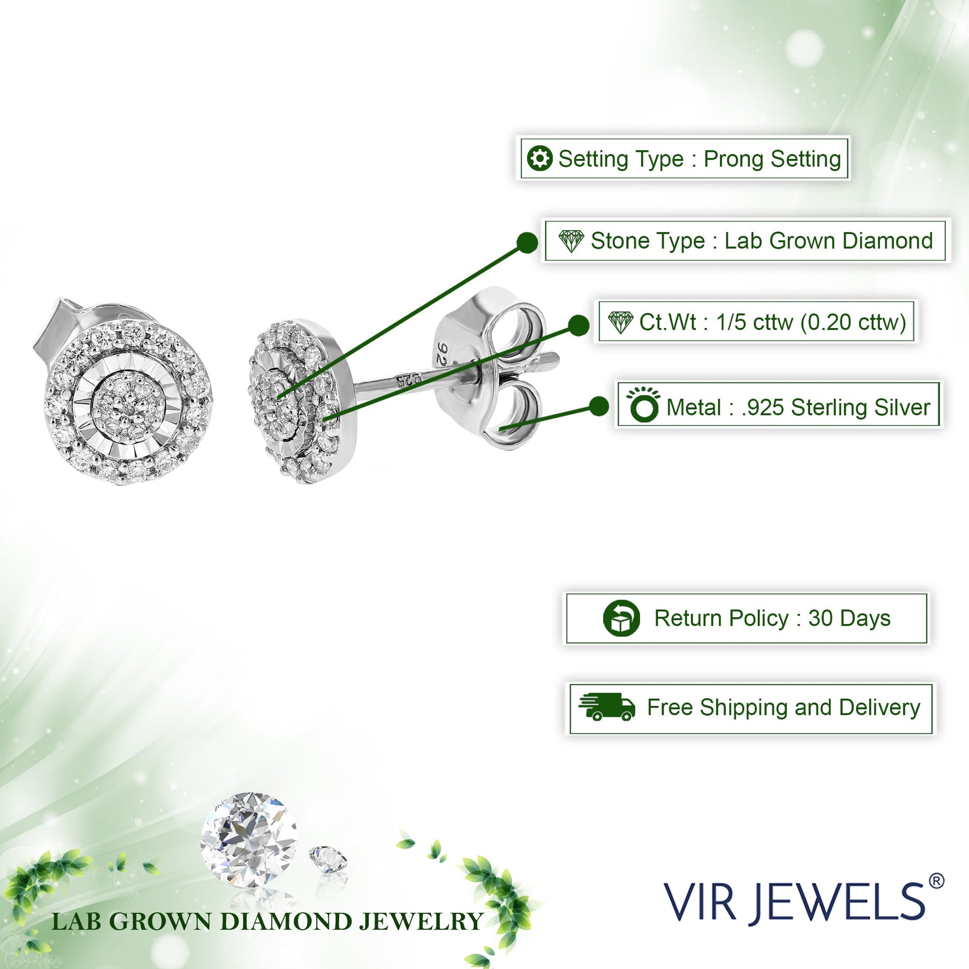 1/5 cttw 44 Stones Round Lab Grown Diamond Studs Earrings .925 Sterling Silver Prong Set 1/4 Inch
