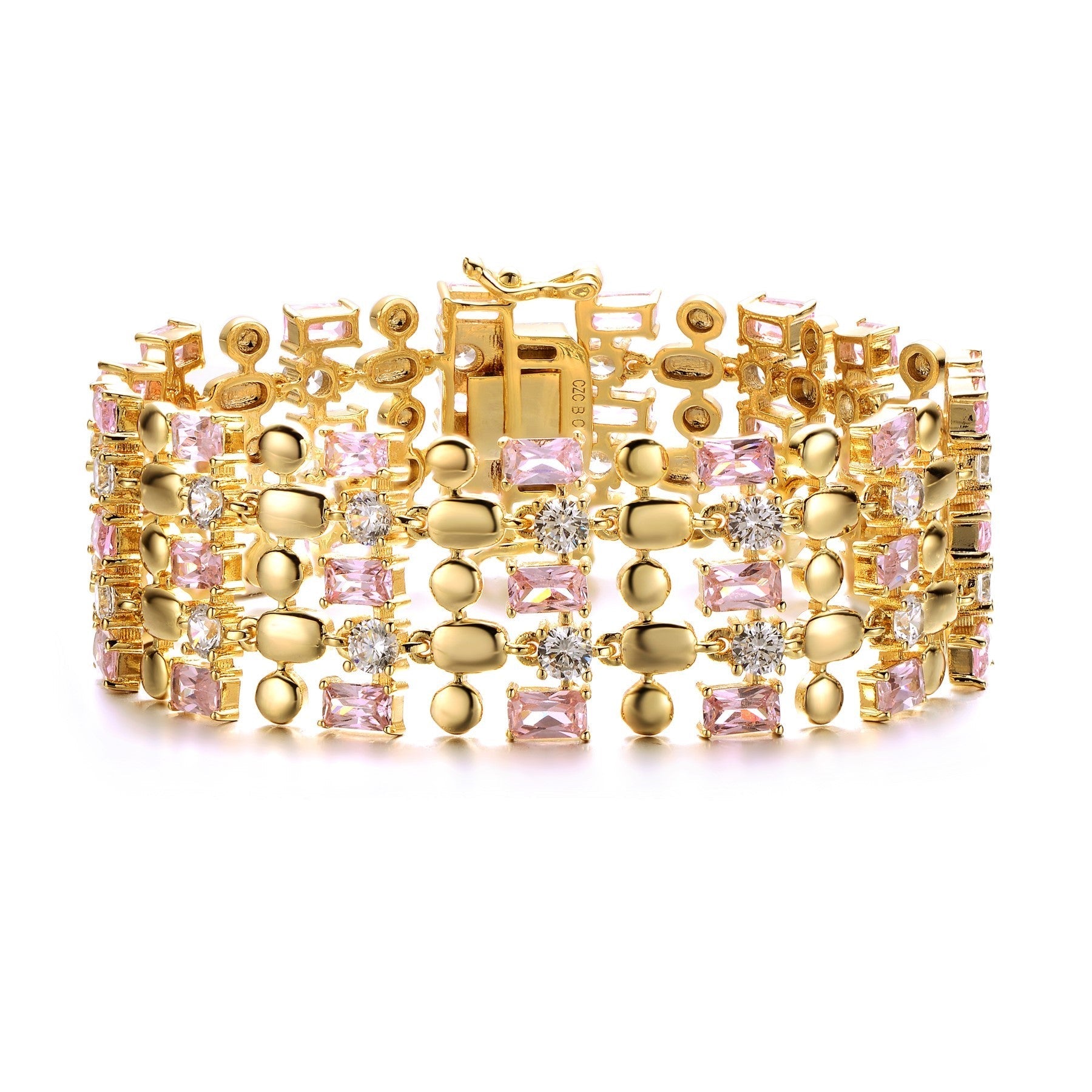 RG 14k Yellow Gold Plated Pink Morganite & Cubic Zirconia Wide Geometric Mesh Link Bracelet
