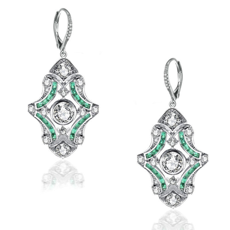 Sterling Silver White Gold Plated with Colored Cubic Zirconia Art Deco Lever Back Earrings