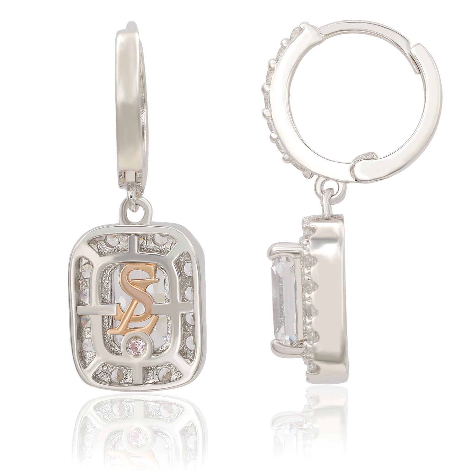 Suzy Levian Sterling Silver Cubic Zirconia Emerald Cut Halo Dangling Earrings