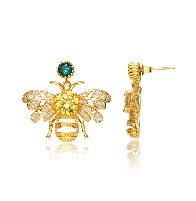 Sterling Silver 14K Gold Plated with Emerald Green Cubic Zirconia Bee Stud Earrings