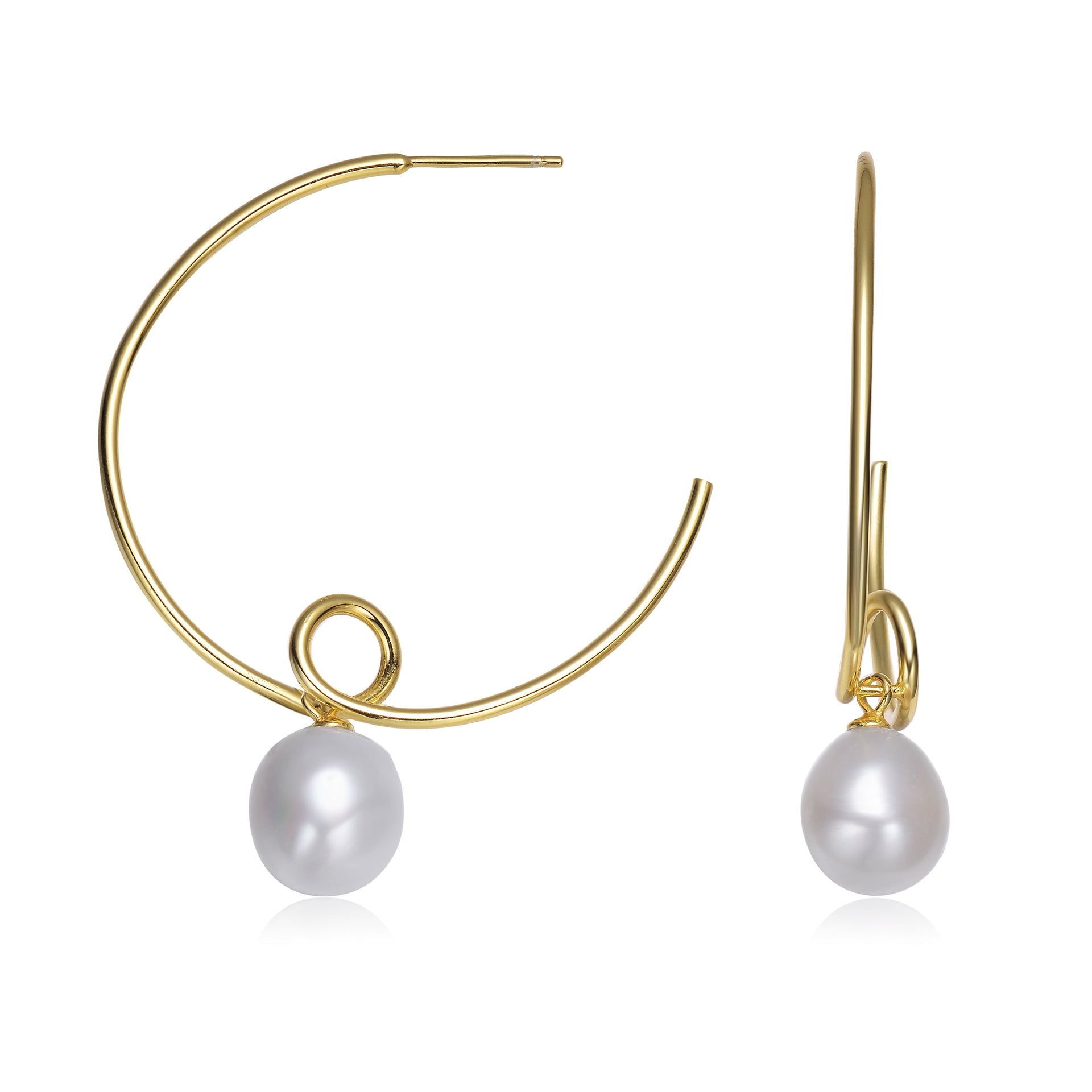 Sterling Silver Gold Plated Freshwater Round Pearl Hoop Earrings