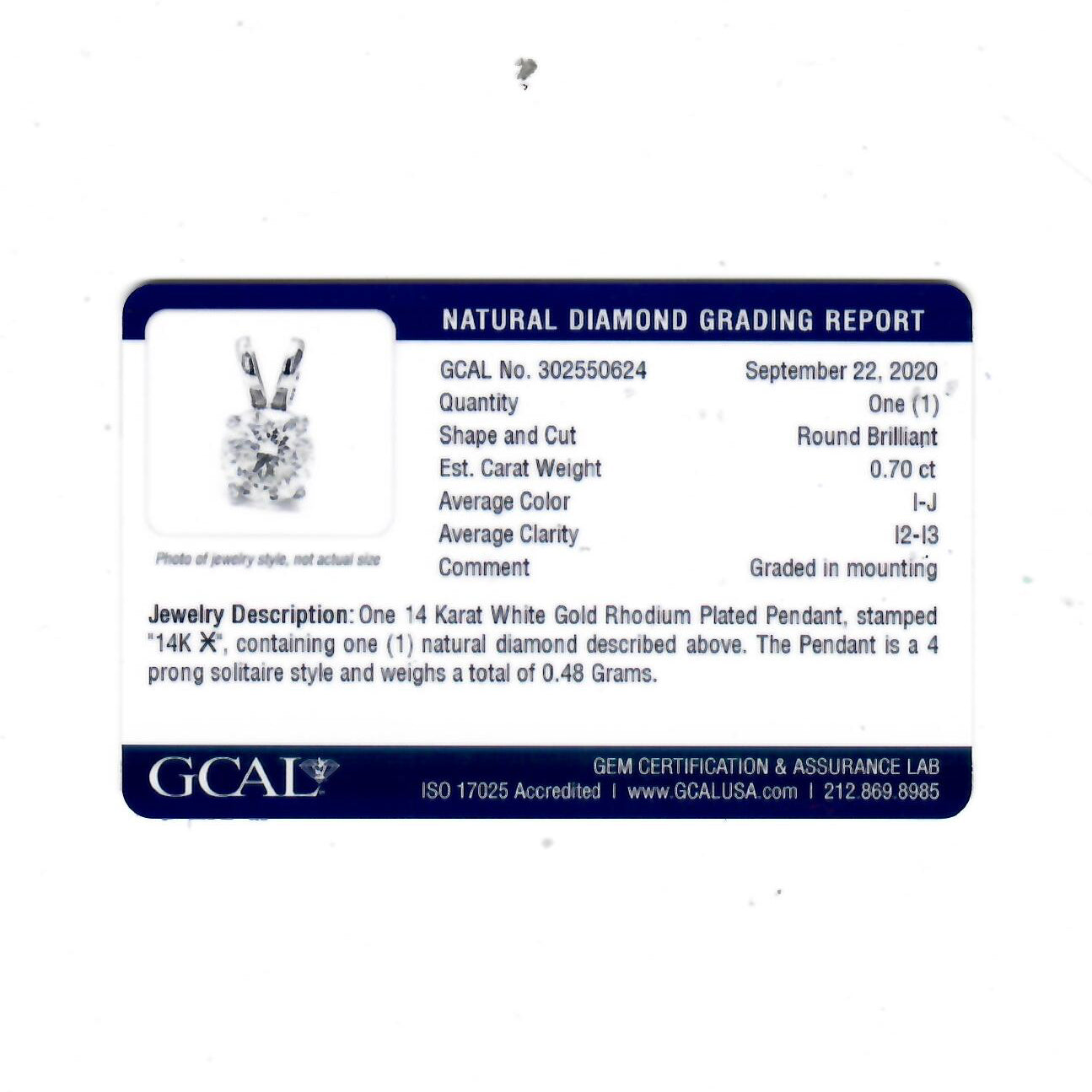 3/4 ct Diamond Solitaire Pendant 14K White Gold Certified