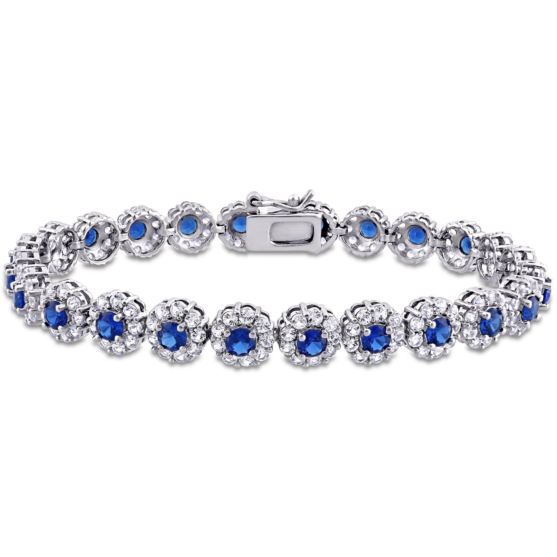 11 1/3ct TW Created Blue and White Sapphire Halo Tennis Bracelet in Sterling Silver
